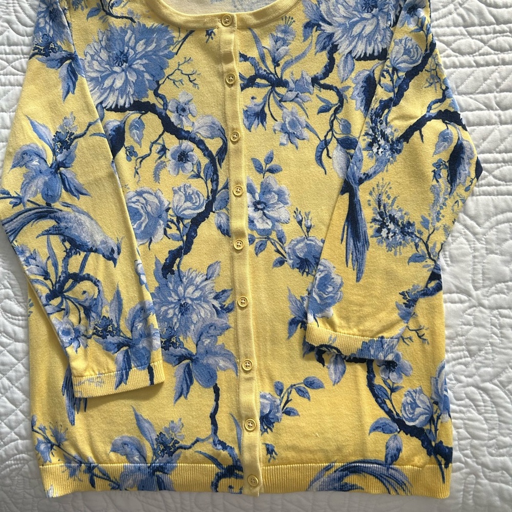 Talbots Yellow Cardigan with Blue Floral Print